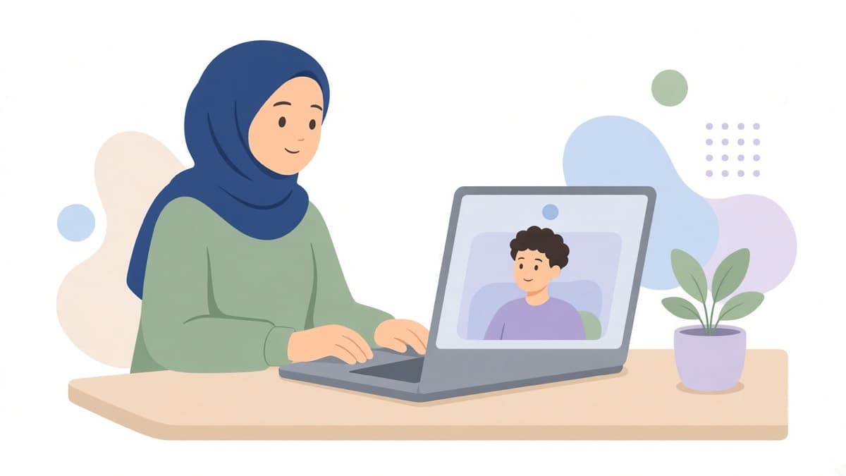 Illustrated discovery call — a woman in a hijab speaking with a coach on a laptop