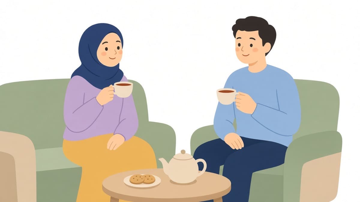 Illustrated conversation — a woman in a hijab talking with someone who is listening