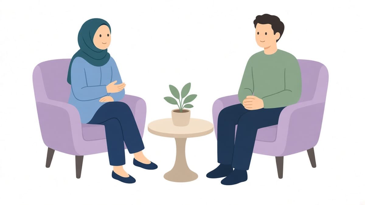 Illustrated coaching conversation — a woman in a hijab talking with a coach